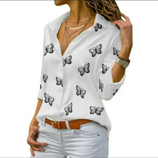 Women's White Butterfly Print Loose Lapel Shirt 2020 - Image 9