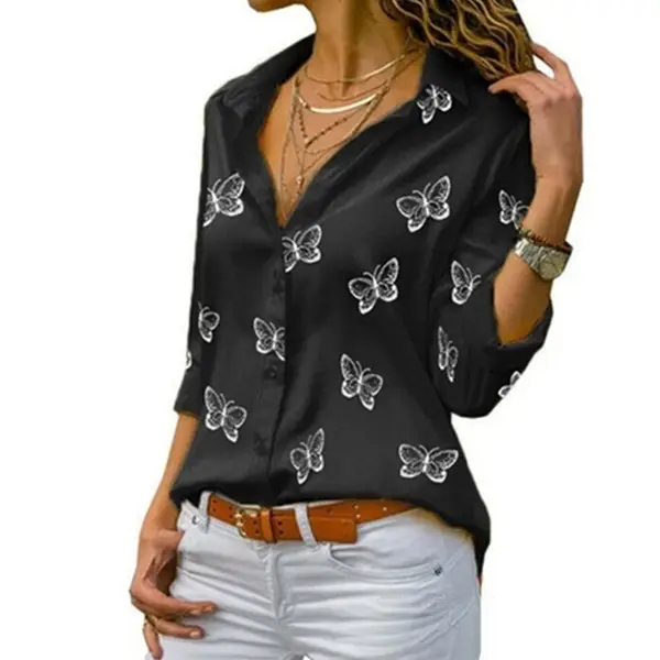 Women's White Butterfly Print Loose Lapel Shirt 2020 - Image 10