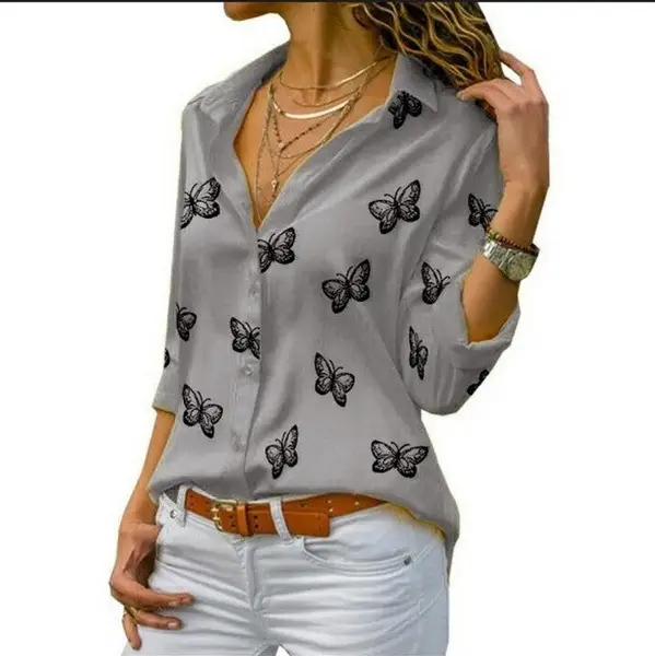 Women's White Butterfly Print Loose Lapel Shirt 2020 - Image 5