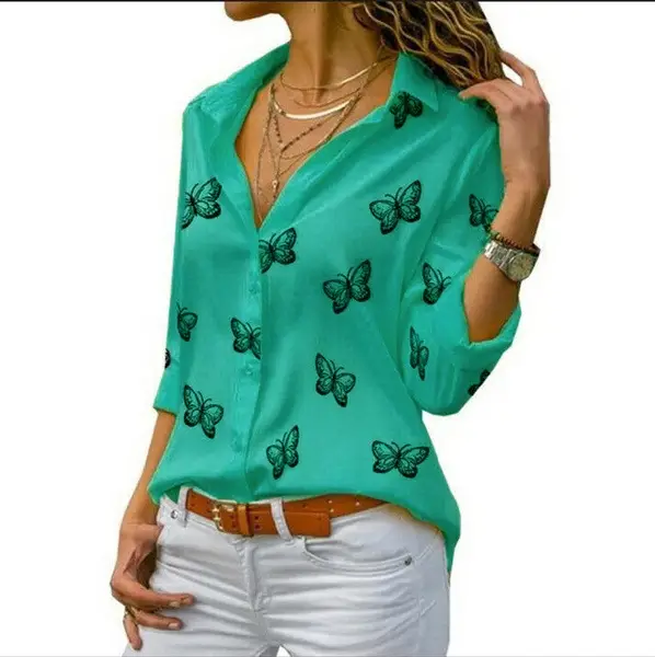 Women's White Butterfly Print Loose Lapel Shirt 2020 - Image 6