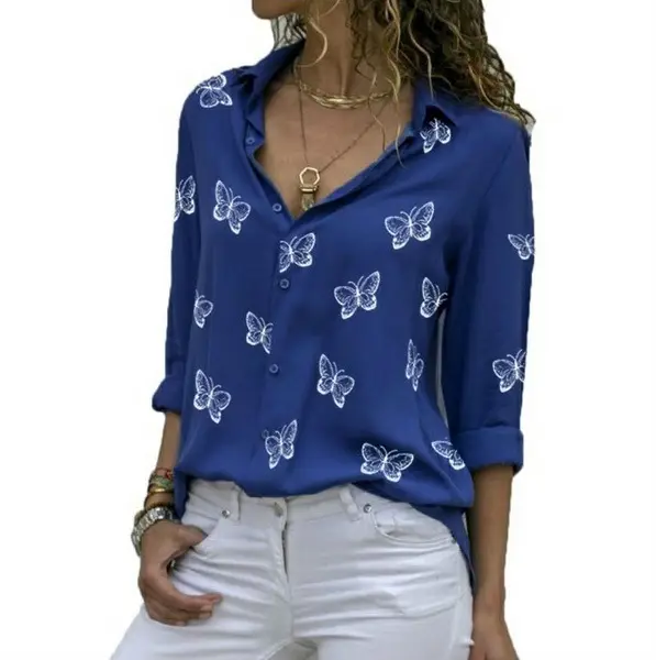 Women's White Butterfly Print Loose Lapel Shirt 2020 - Image 7