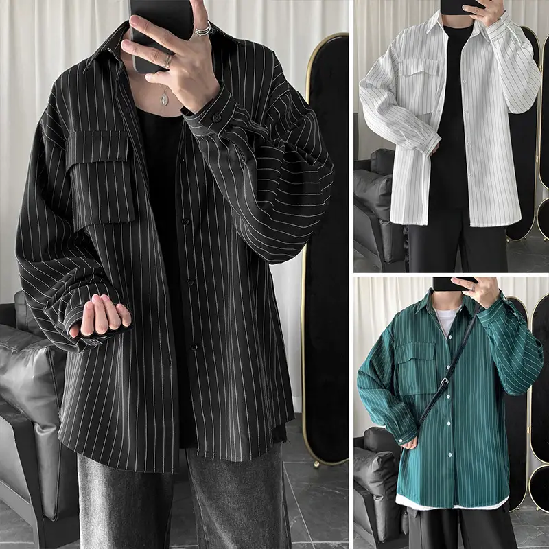 Men Striped Long Sleeve Shirt Black Casual Harajuku Style