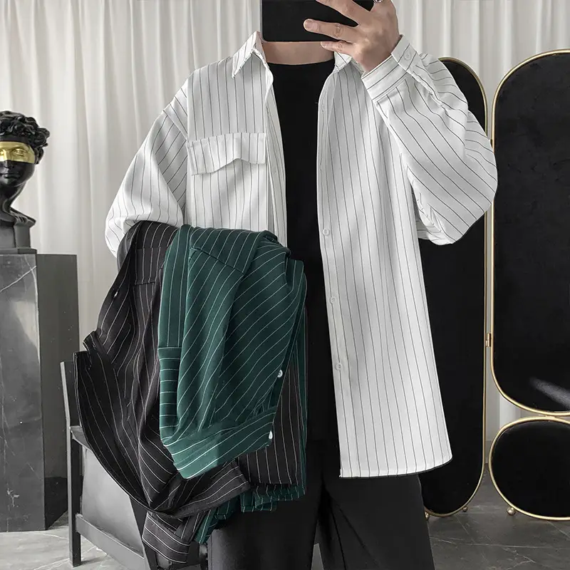 Men Striped Long Sleeve Shirt Black Casual Harajuku Style
