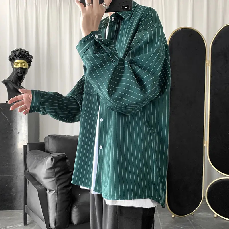 Men Striped Long Sleeve Shirt Black Casual Harajuku Style