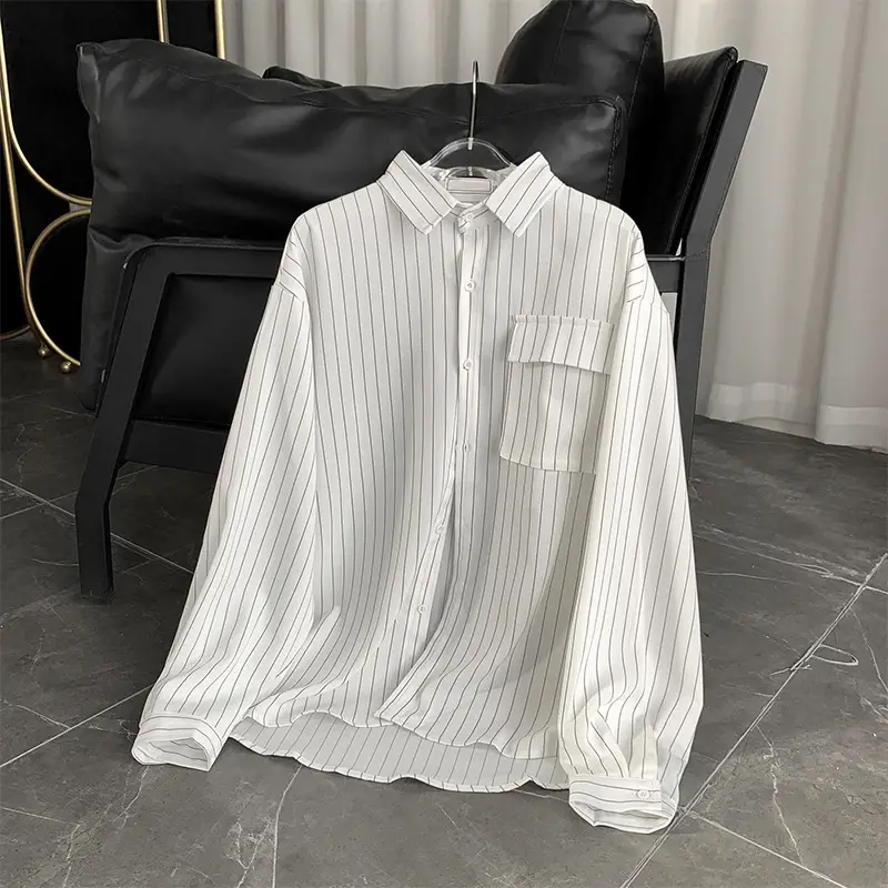 Men Striped Long Sleeve Shirt Black Casual Harajuku Style