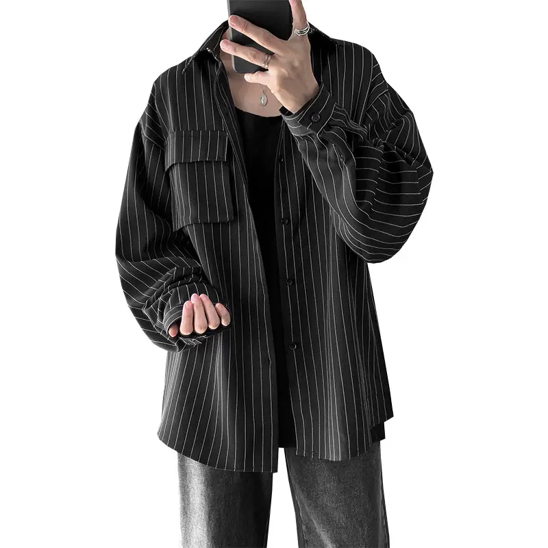 Men Striped Long Sleeve Shirt Black Casual Harajuku Style