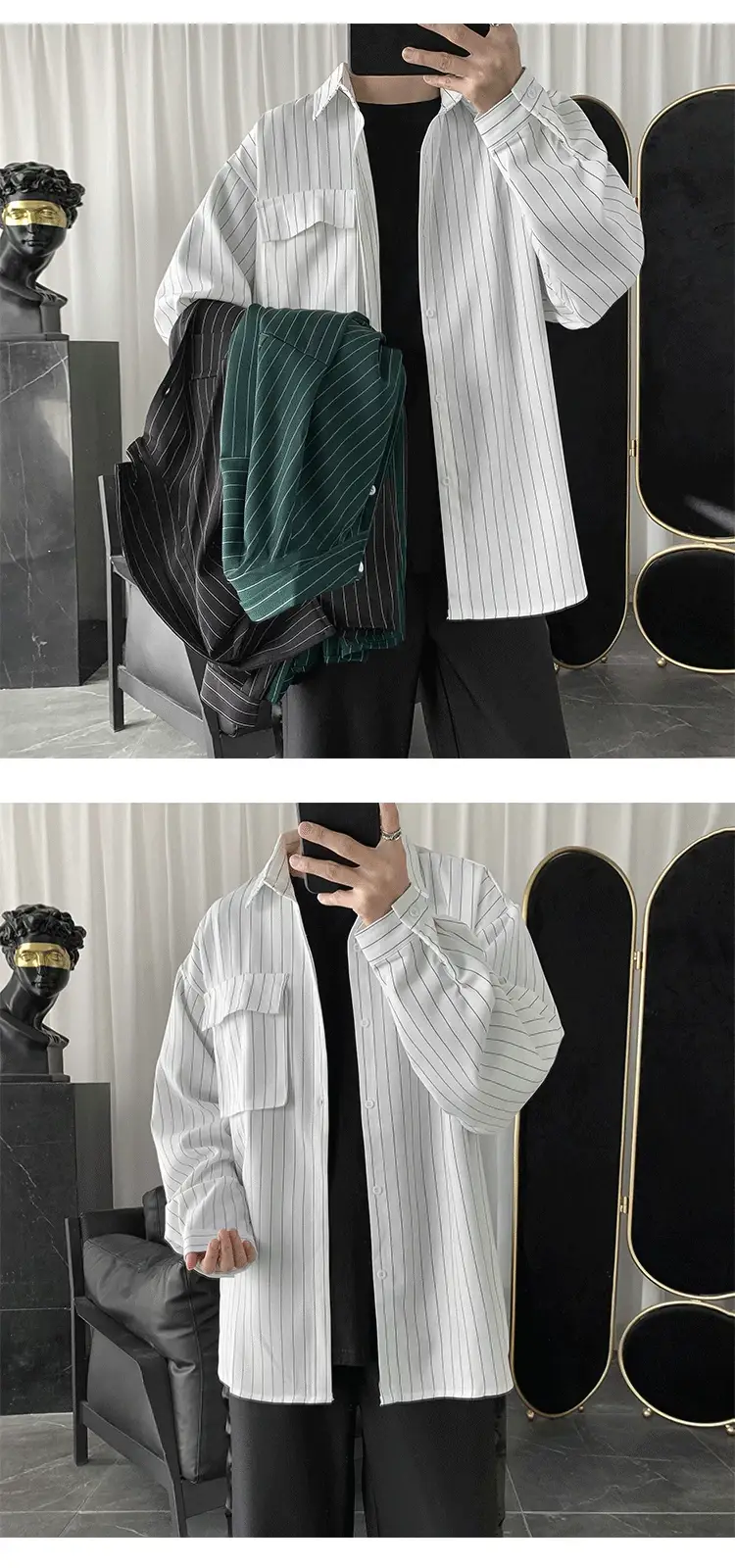 Men Striped Long Sleeve Shirt Black Casual Harajuku Style — feature 10