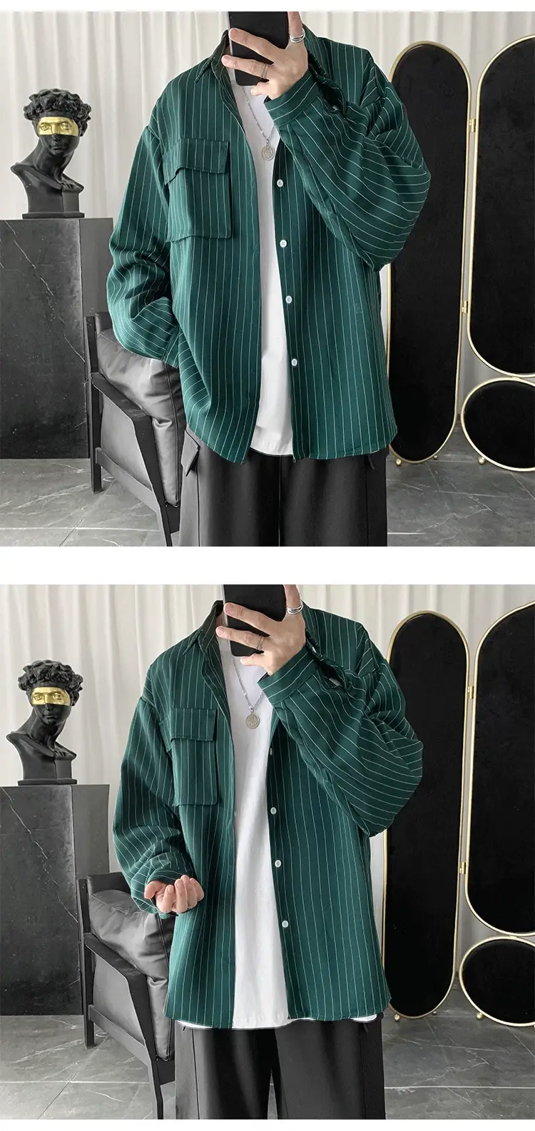Men Striped Long Sleeve Shirt Black Casual Harajuku Style — feature 11