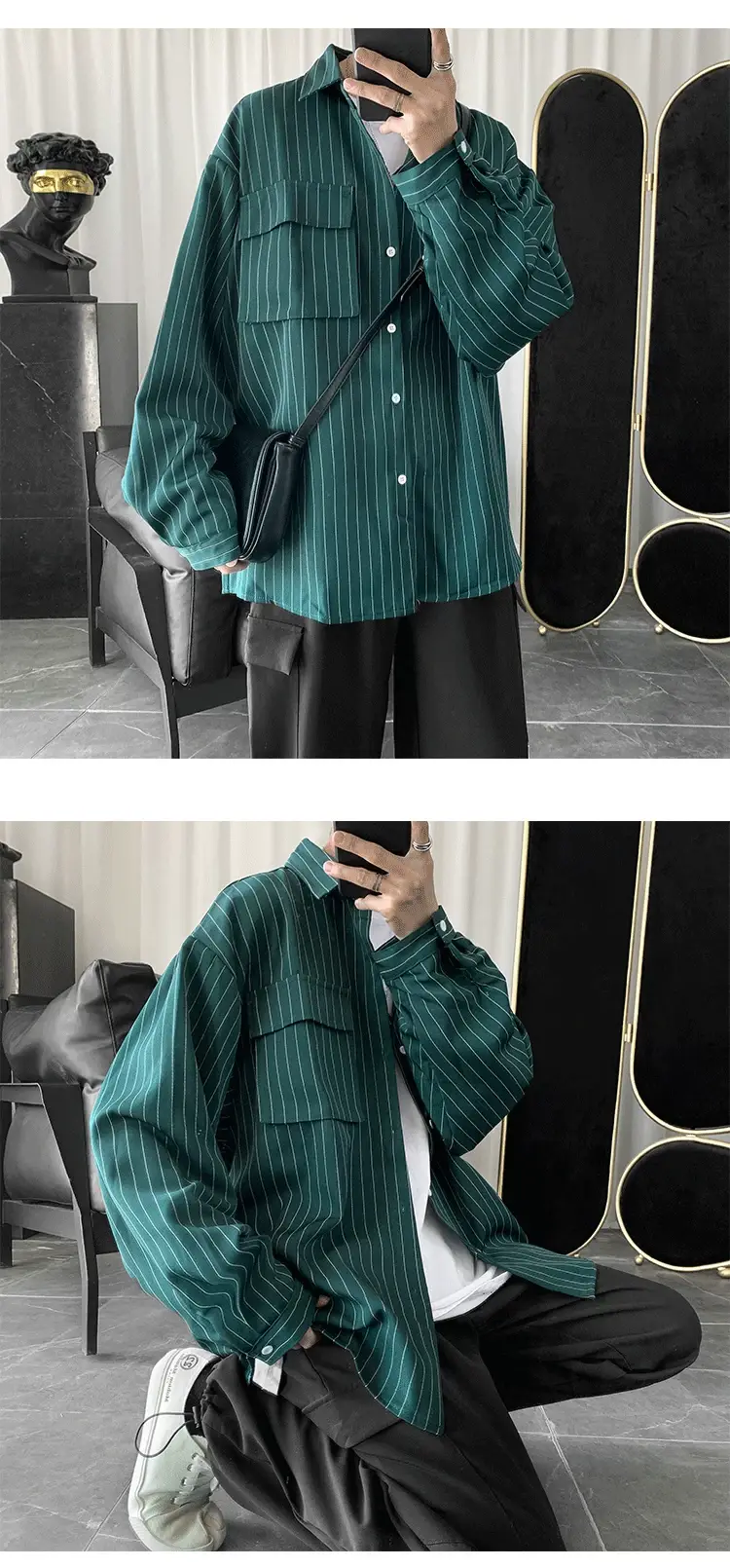 Men Striped Long Sleeve Shirt Black Casual Harajuku Style — feature 14