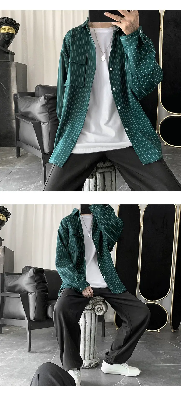 Men Striped Long Sleeve Shirt Black Casual Harajuku Style — feature 15
