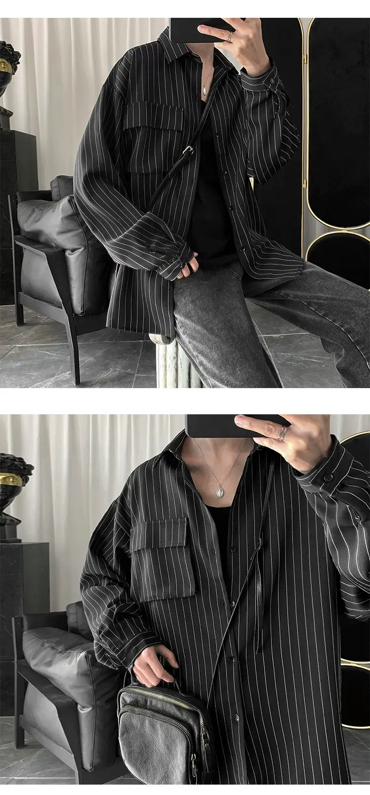 Men Striped Long Sleeve Shirt Black Casual Harajuku Style — feature 4