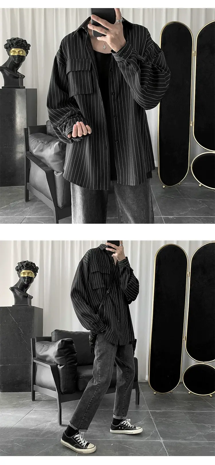 Men Striped Long Sleeve Shirt Black Casual Harajuku Style — feature 6