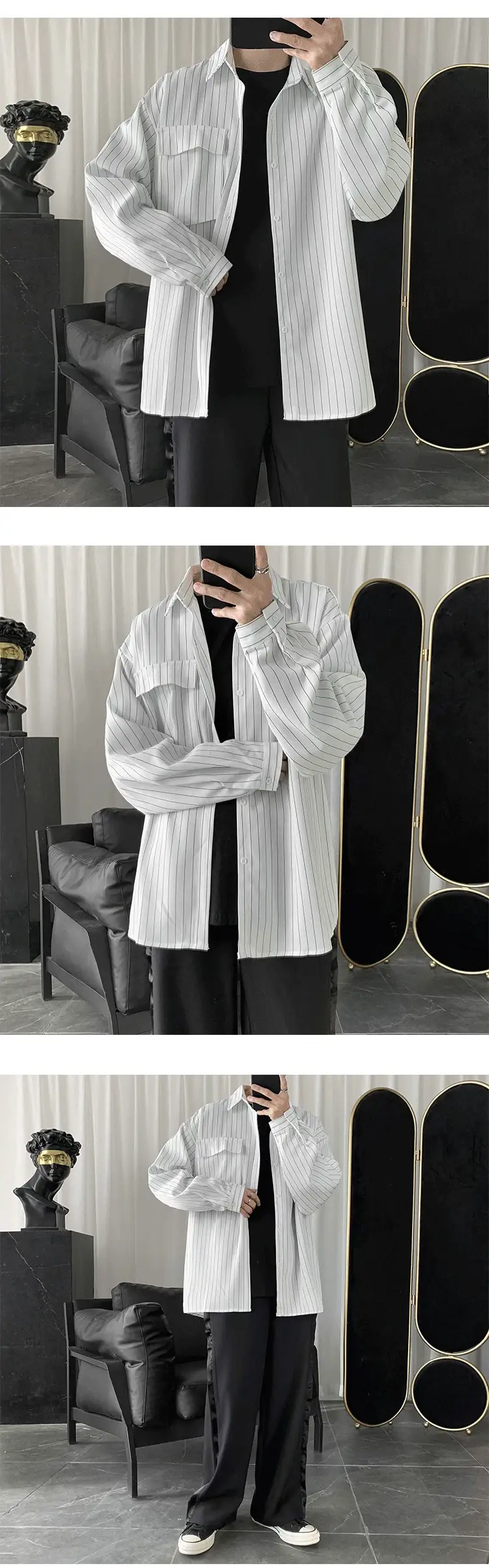 Men Striped Long Sleeve Shirt Black Casual Harajuku Style — feature 7
