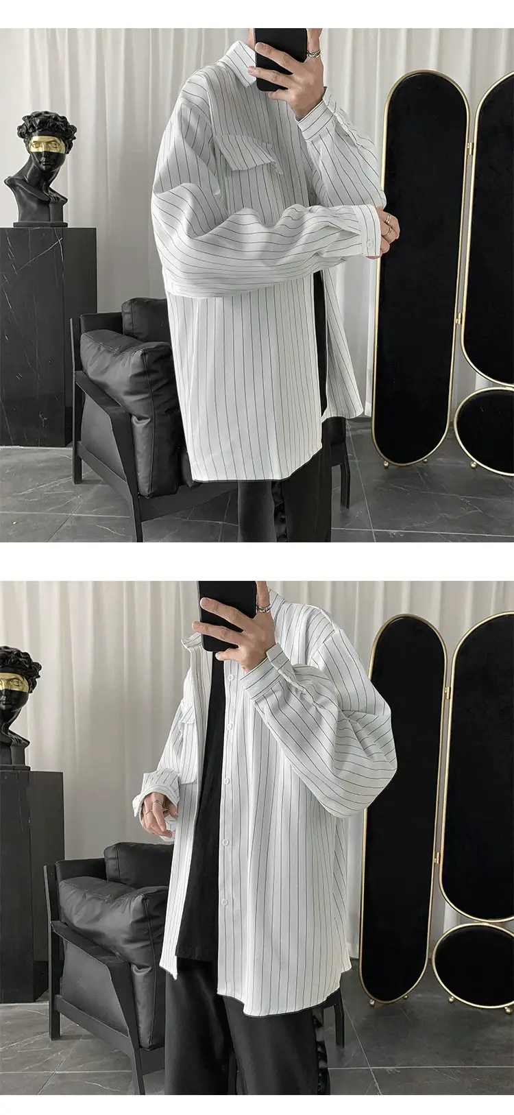 Men Striped Long Sleeve Shirt Black Casual Harajuku Style — feature 8