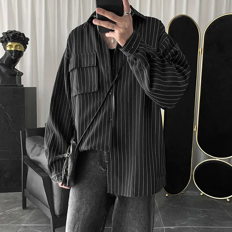 Men Striped Long Sleeve Shirt Black Casual Harajuku Style
