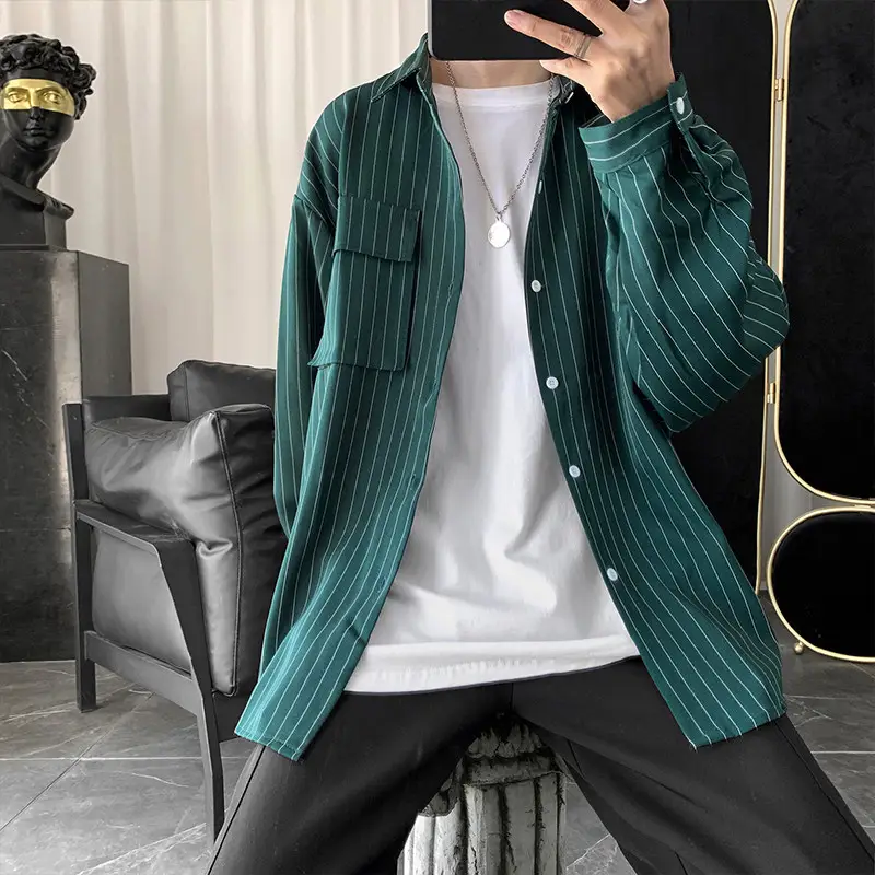 Men Striped Long Sleeve Shirt Black Casual Harajuku Style