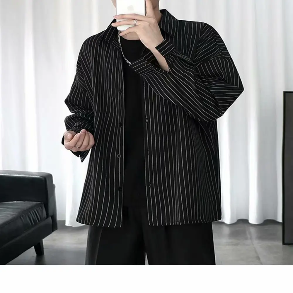 Men Striped Long Sleeve Shirt Black Casual Harajuku Style