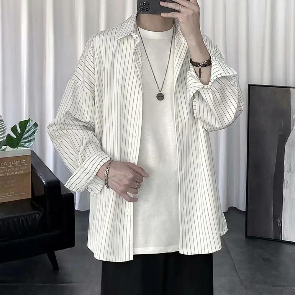 Men Striped Long Sleeve Shirt Black Casual Harajuku Style