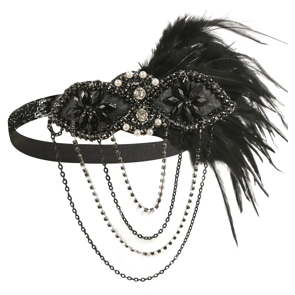 1920s Blue Feather Hair Band with Crystal Flowers