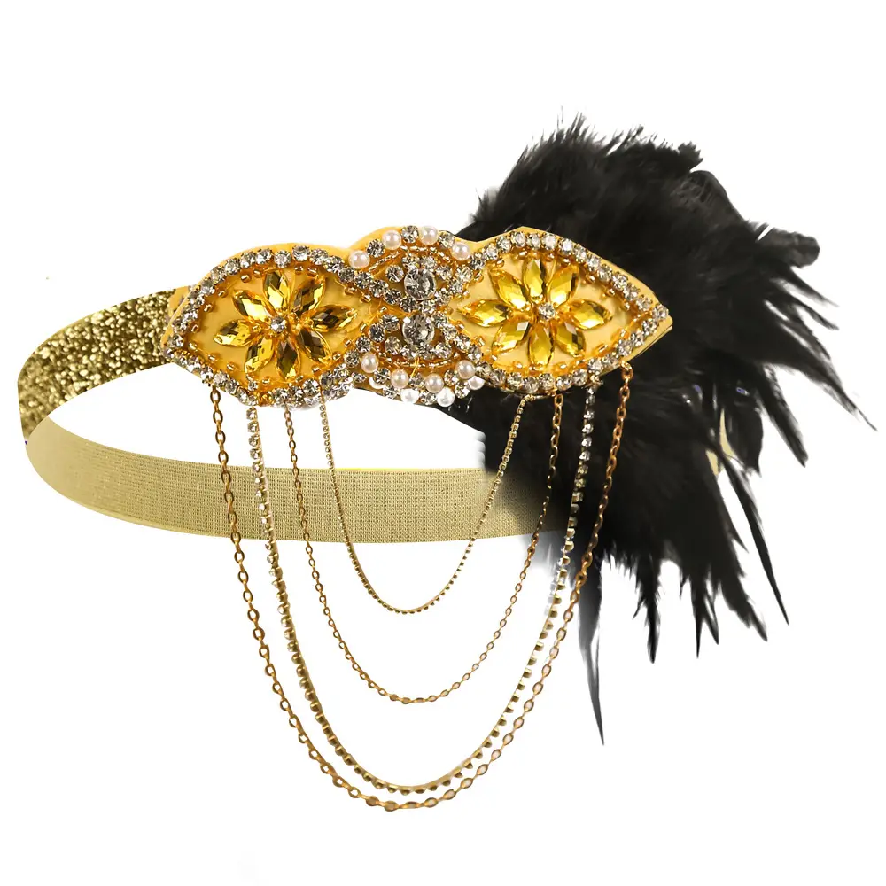 1920s Blue Feather Hair Band with Crystal Flowers