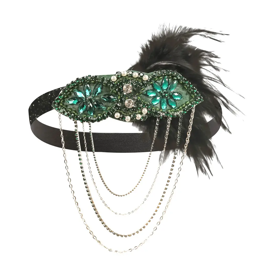 1920s Blue Feather Hair Band with Crystal Flowers