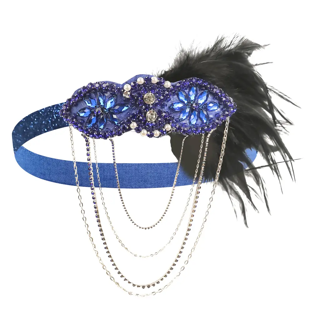 1920s Blue Feather Hair Band with Crystal Flowers