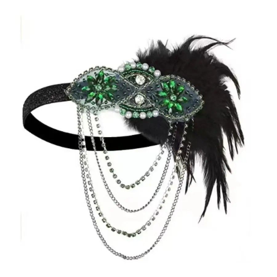 1920s Blue Feather Hair Band with Crystal Flowers