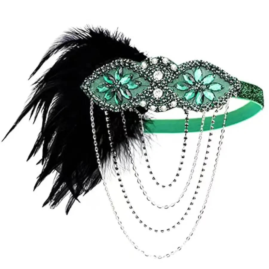 1920s Blue Feather Hair Band with Crystal Flowers