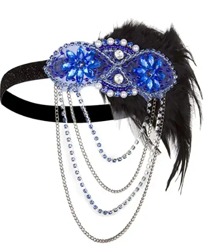 1920s Blue Feather Hair Band with Crystal Flowers
