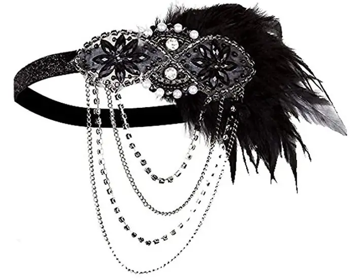 1920s Blue Feather Hair Band with Crystal Flowers