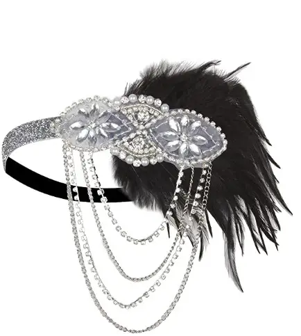 1920s Blue Feather Hair Band with Crystal Flowers