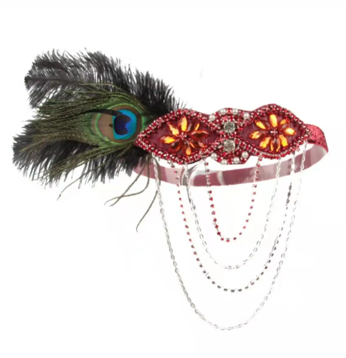 1920s Blue Feather Hair Band with Crystal Flowers