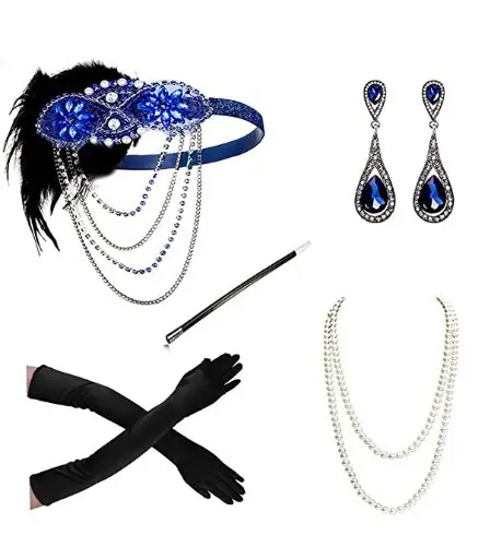 1920s Blue Feather Hair Band with Crystal Flowers