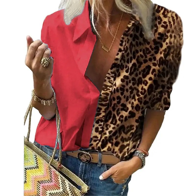 Women Long Sleeve Printed Leopard Shirt with Chiffon Overlay - Image 3