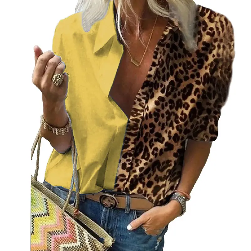Women Long Sleeve Printed Leopard Shirt with Chiffon Overlay - Image 4