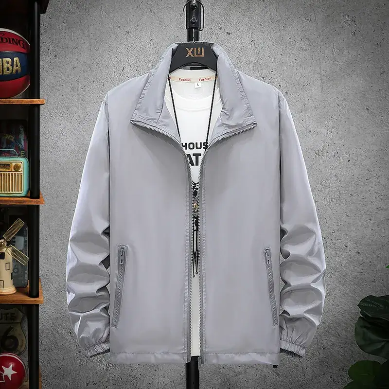 Men's Navy Blue Korean Style Jacket with Stand Collar - Image 3