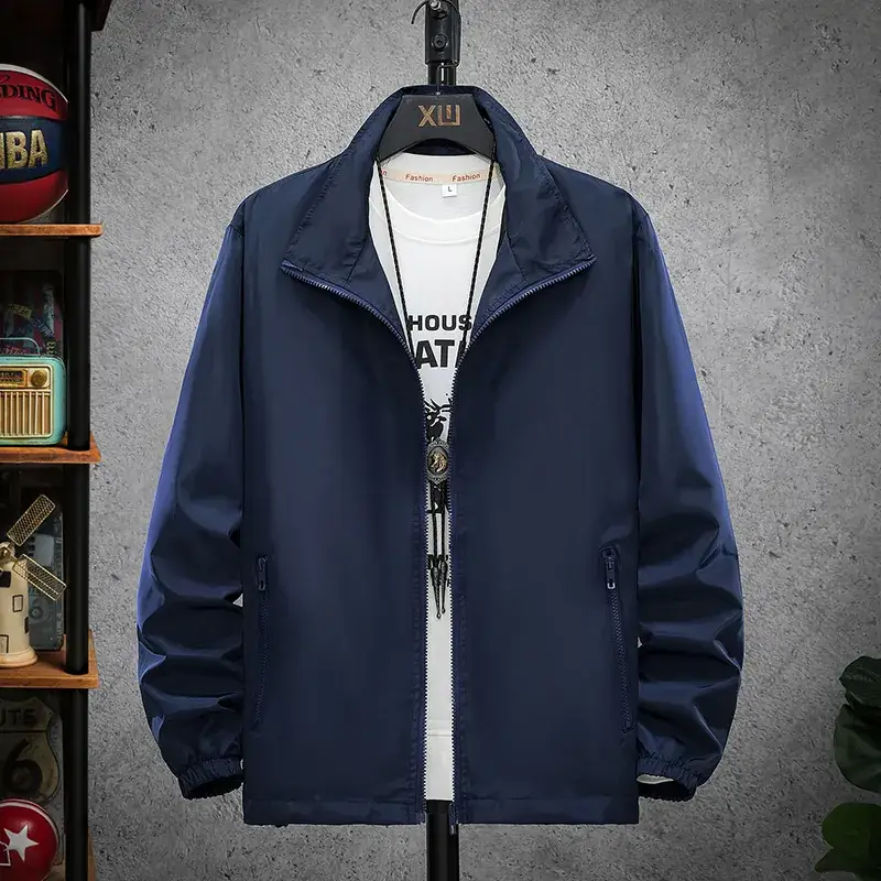 Men's Navy Blue Korean Style Jacket with Stand Collar - Image 6