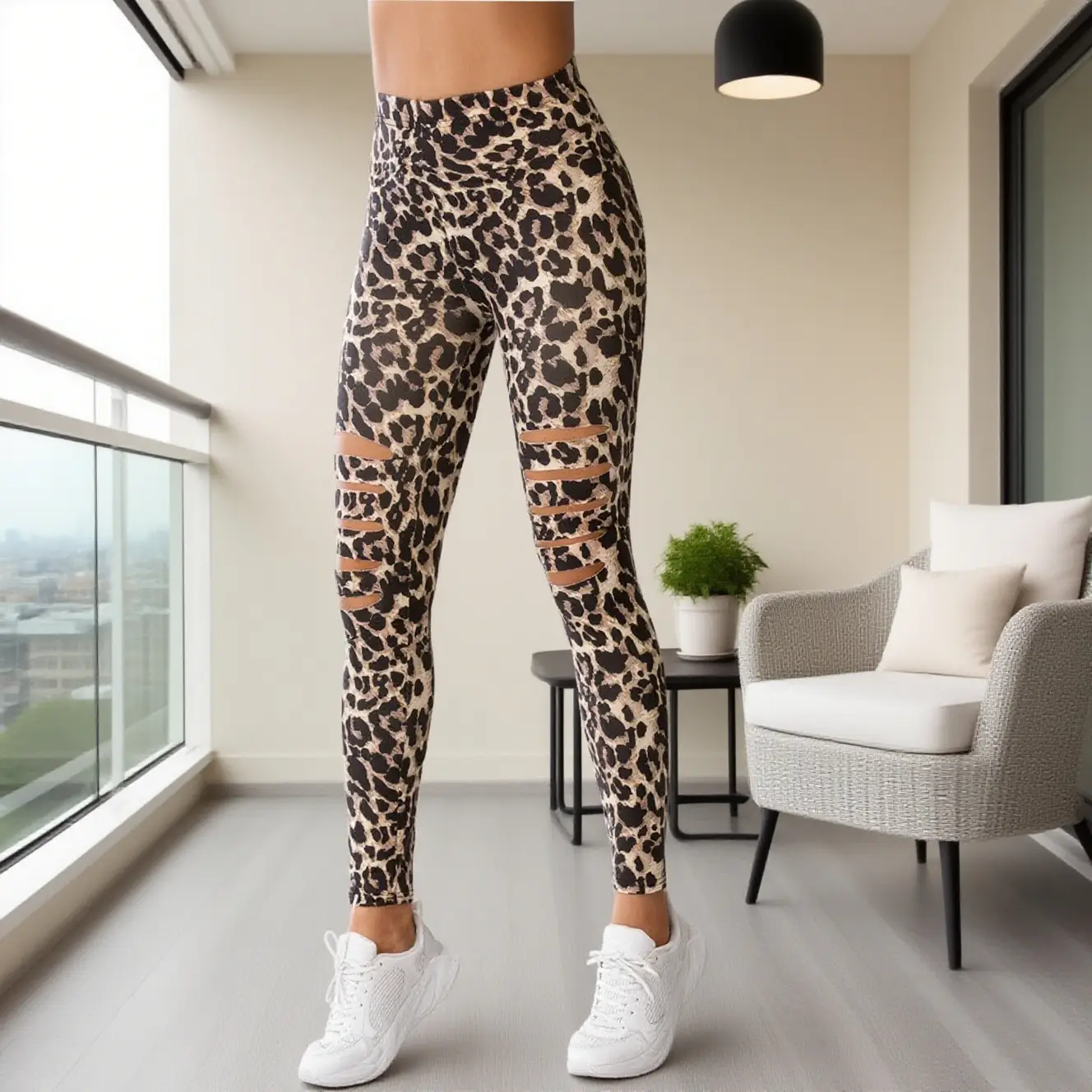 Women Leopard Print Ripped Leggings High Waist Sports Yoga Pants - Image 6