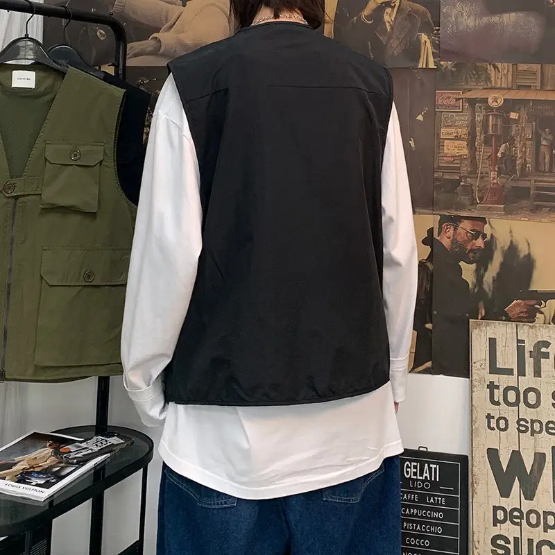 2020 Summer Vest Black Multi Pocket Oversize Workwear Vest - Image 4