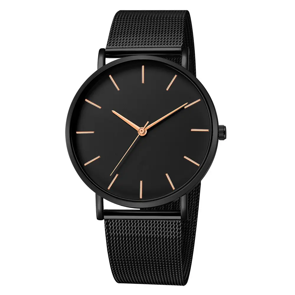 Men's Black Quartz Watch with Gold Dial & Mesh Belt - Image 10