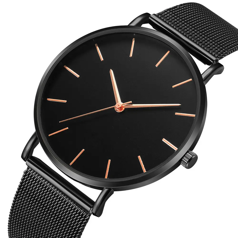 Men's Black Quartz Watch with Gold Dial & Mesh Belt - Image 11