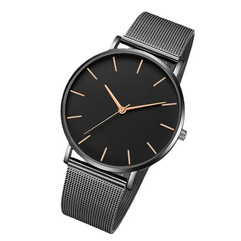 Men's Black Quartz Watch with Gold Dial & Mesh Belt - Image 12