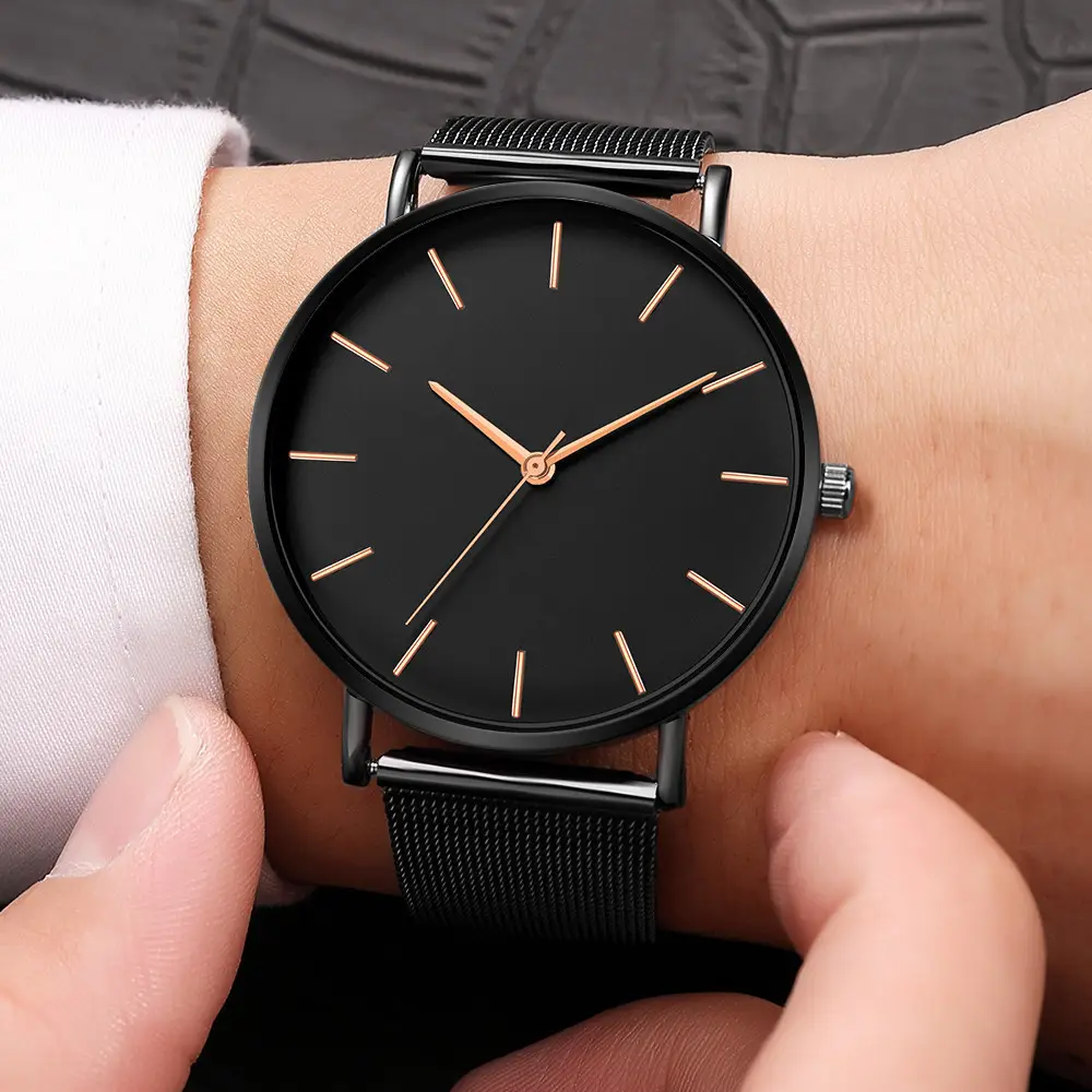 Men's Black Quartz Watch with Gold Dial & Mesh Belt — feature 3