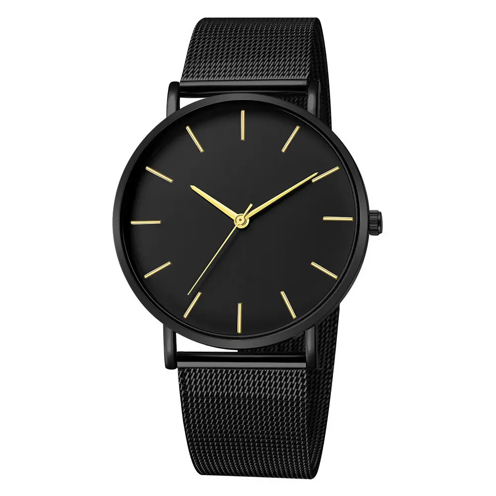 Men's Black Quartz Watch with Gold Dial & Mesh Belt - Image 3