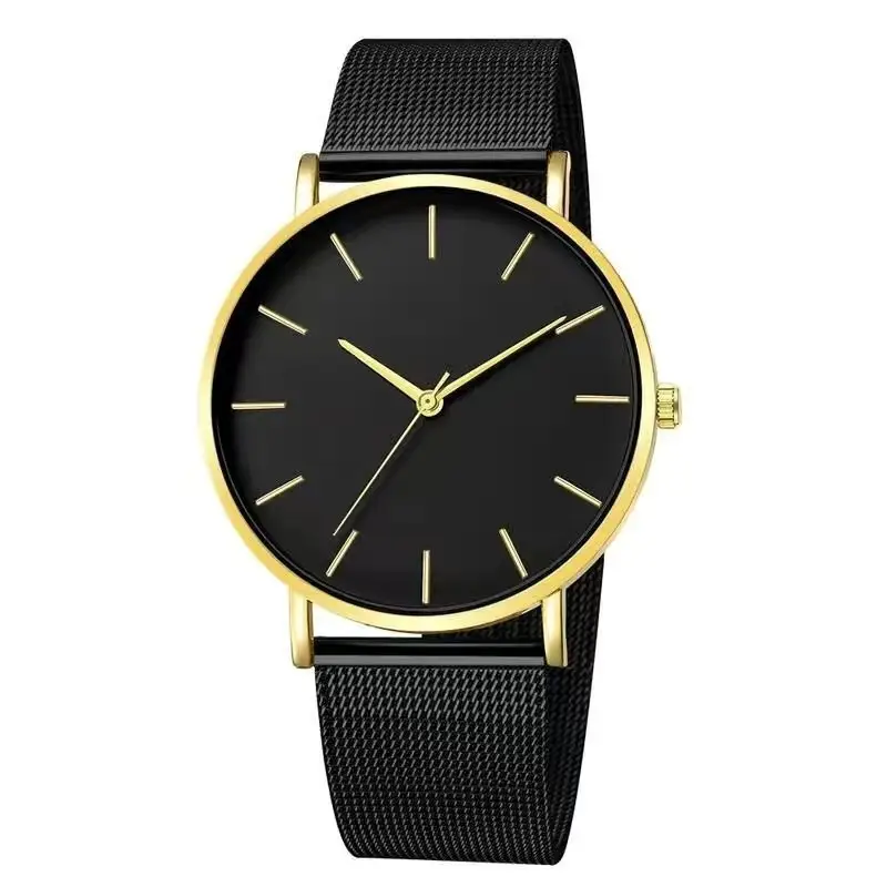 Men's Black Quartz Watch with Gold Dial & Mesh Belt - Image 6
