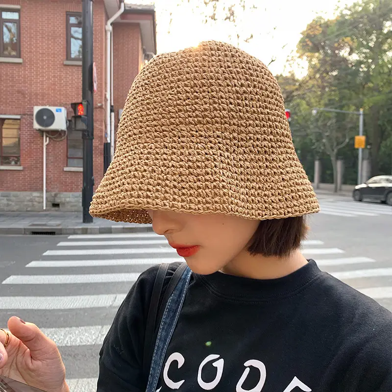 Women Straw Bucket Hat for Summer Beach Wear