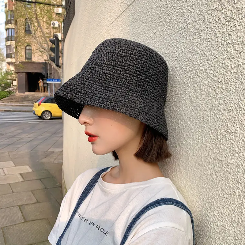 Women Straw Bucket Hat for Summer Beach Wear
