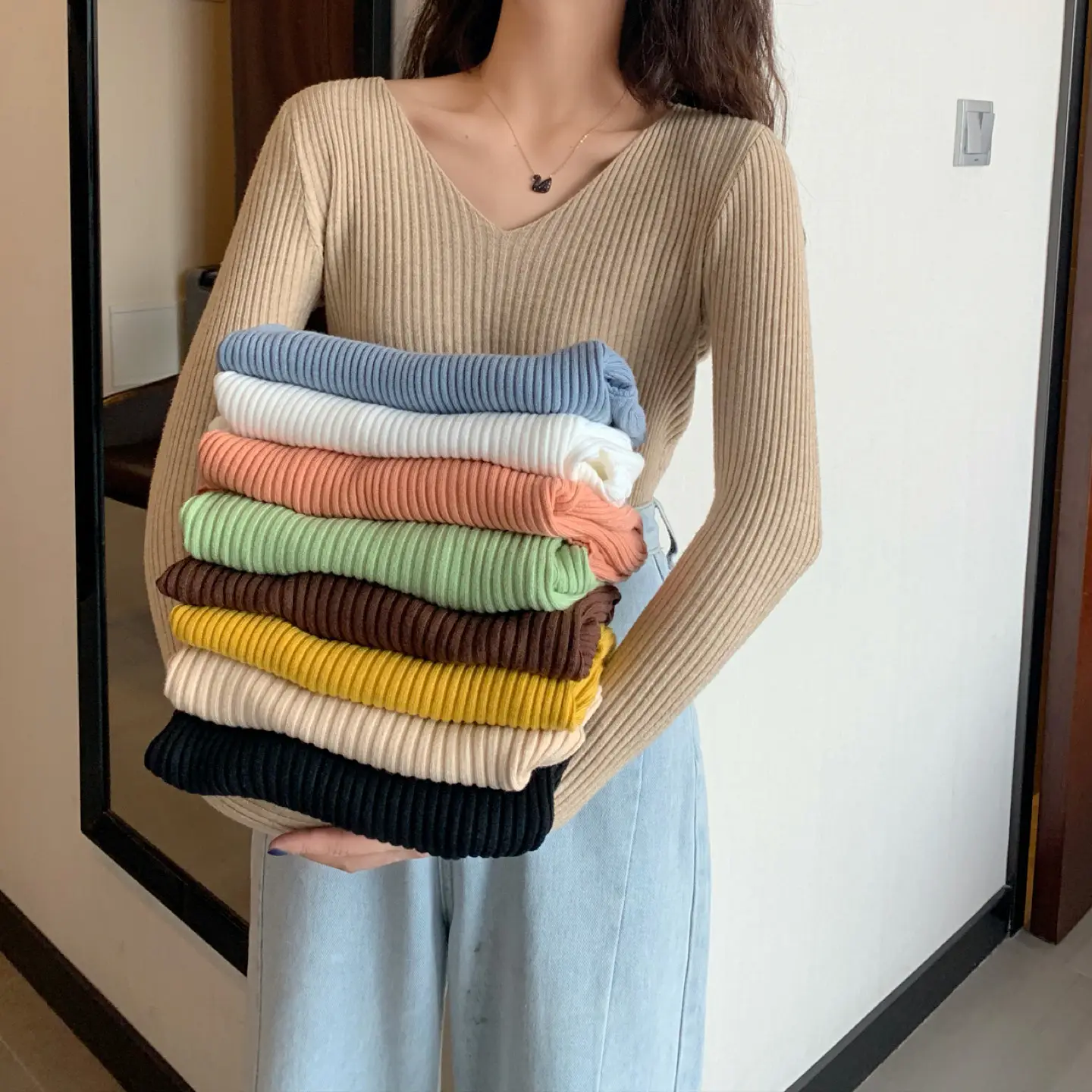 Women V-Neck Yellow Slim Fit Inner Long Sleeve Sweater