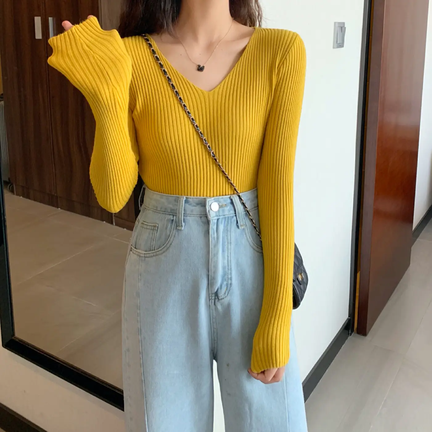 Women V-Neck Yellow Slim Fit Inner Long Sleeve Sweater