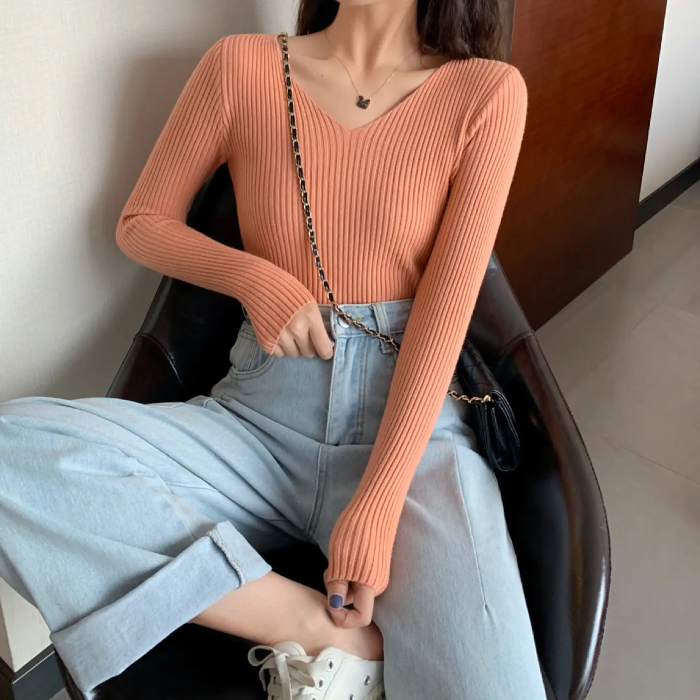 Women V-Neck Yellow Slim Fit Inner Long Sleeve Sweater